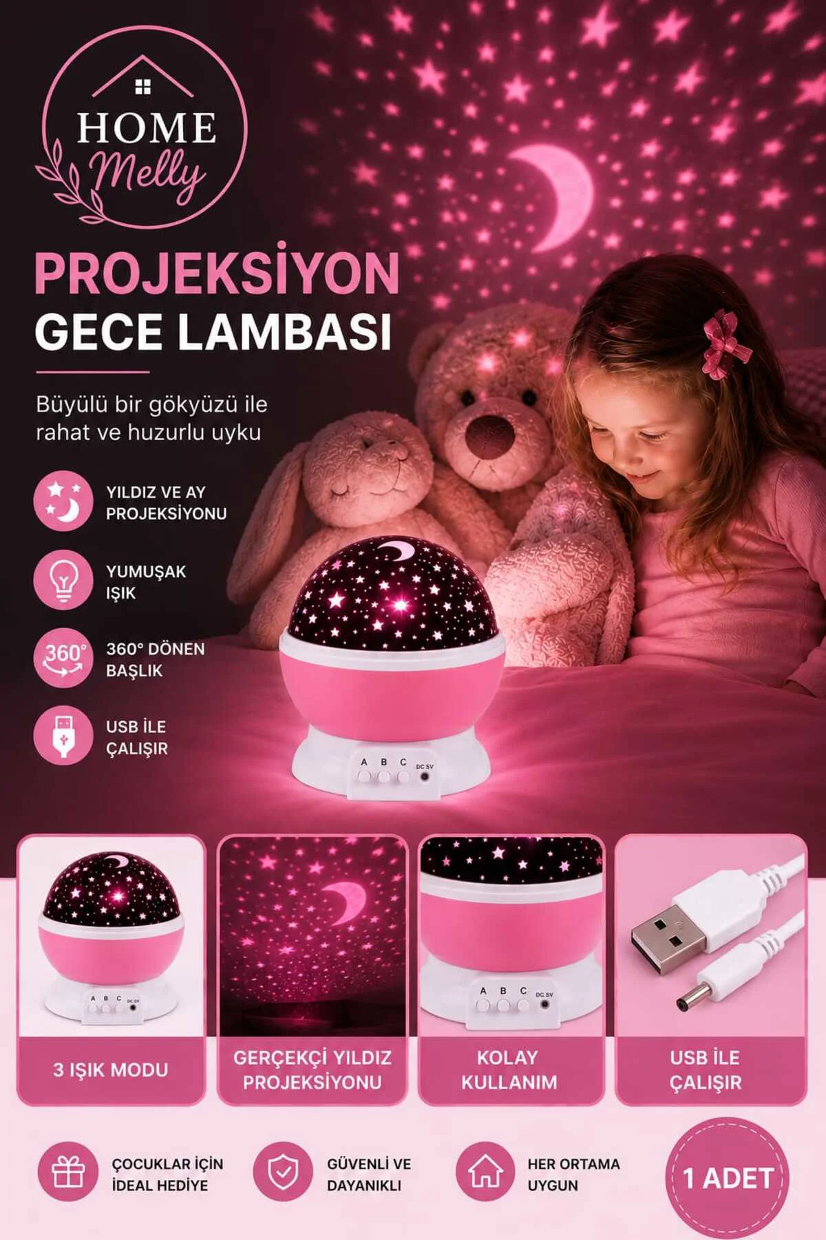 Projeksiyon Gece Lambası Renkli LED Çocuk Odası Tavan Yansıtan Masa Lambası