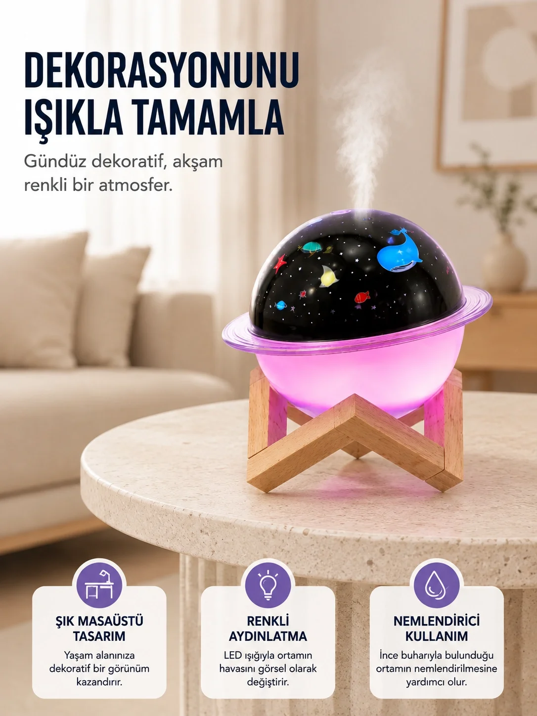 Projektör ışıklı, aromaterapi uyumlu mini masaüstü hava nemlendirici cihaz Projektör ışıklı, aromaterapi uyumlu mini masaüstü hava nemlendirici cihaz