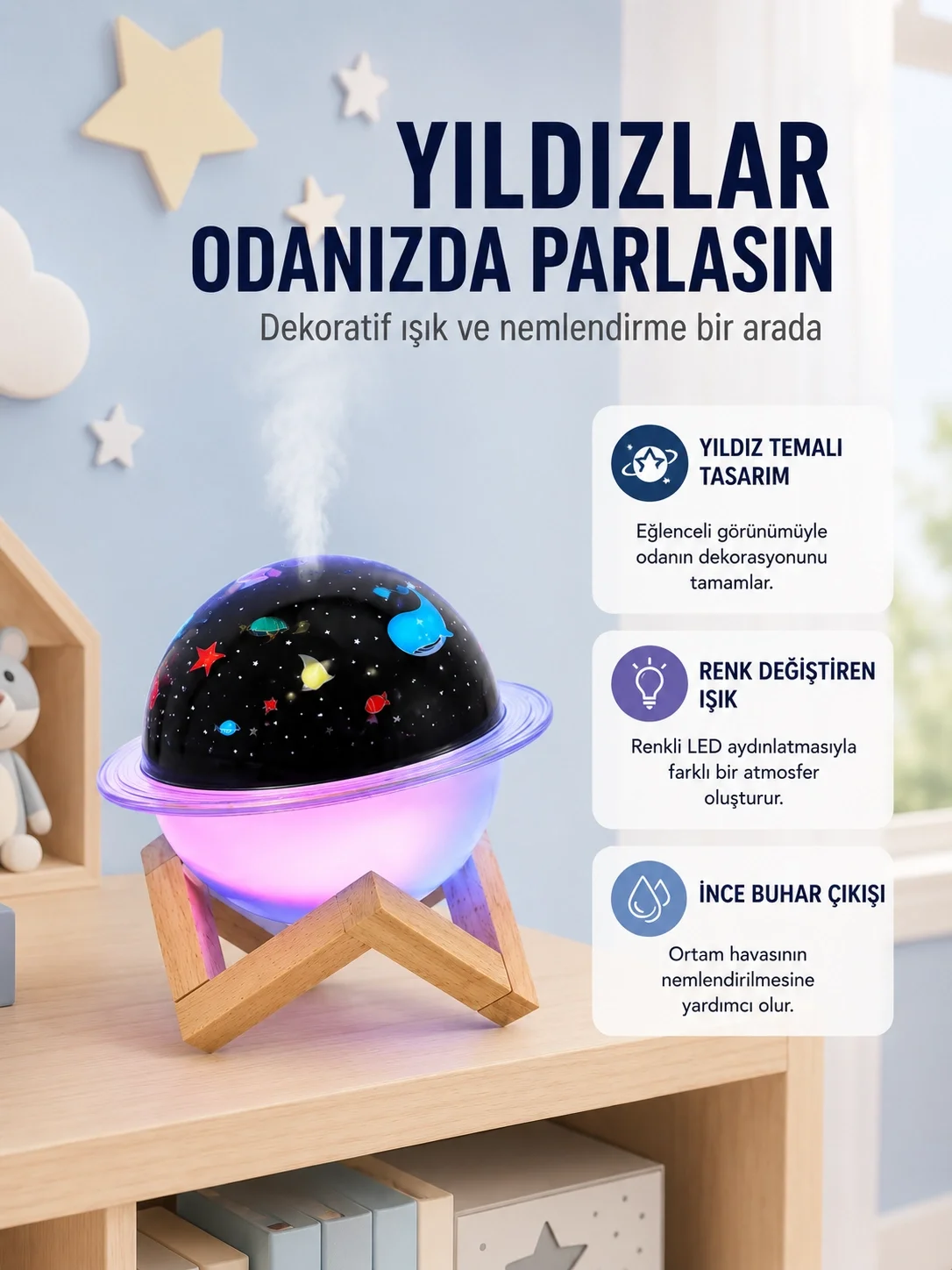 Projektör ışıklı ve aromaterapi destekli taşınabilir nemlendirici cihaz USB bağlantılı Projektör ışıklı ve aromaterapi destekli taşınabilir nemlendirici cihaz USB bağlantılı
