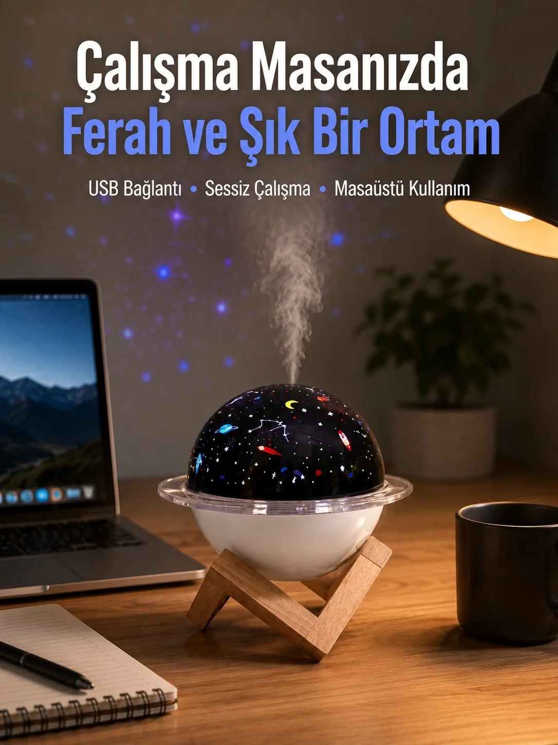 Projektör ışıklı ve aromaterapi destekli taşınabilir nemlendirici cihaz USB bağlantılı