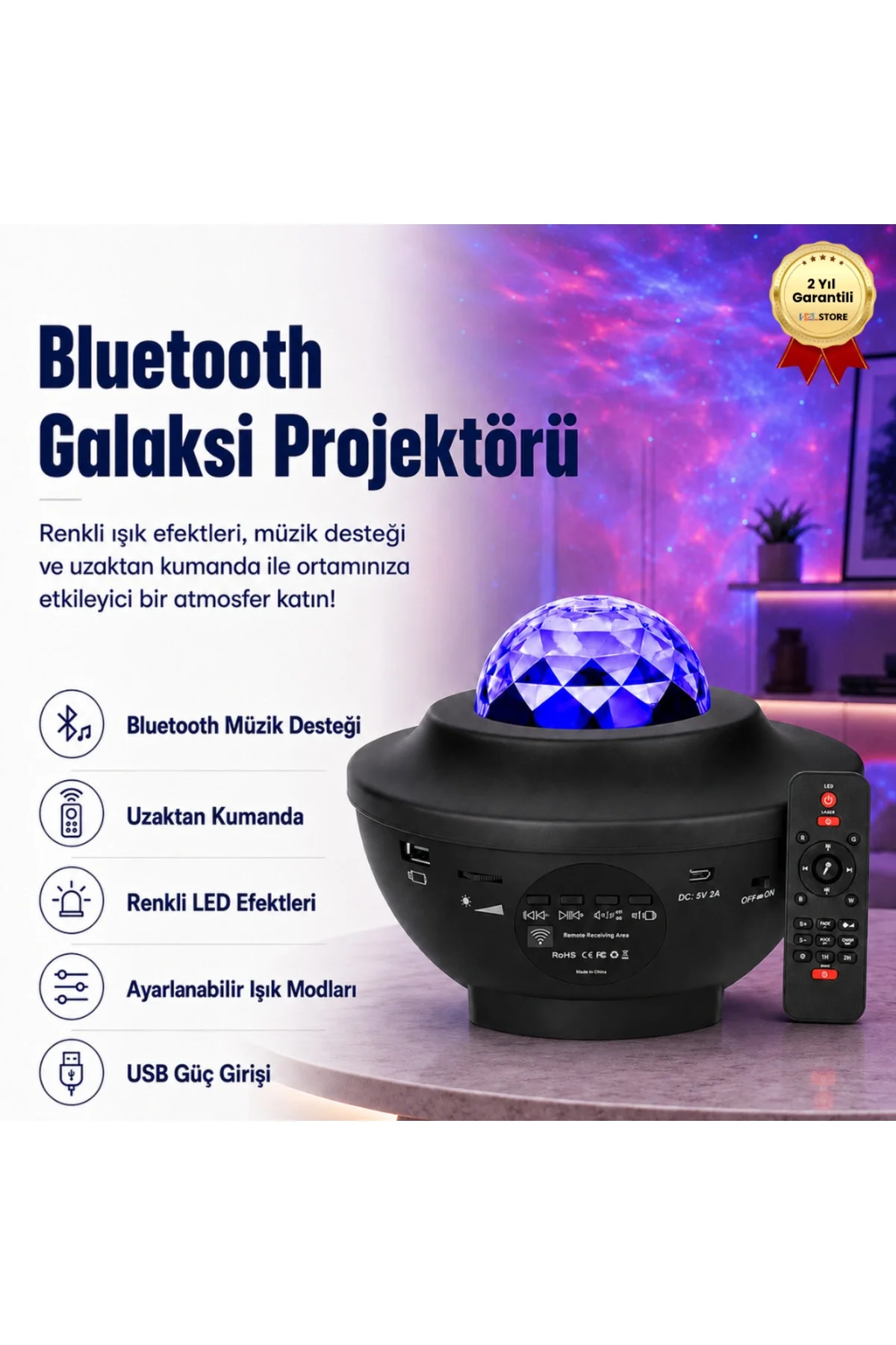 Projektör Özellikli Bluetooth Hoparlör ve RGB LED Işıklı Gece Lambası, Siyah Renk