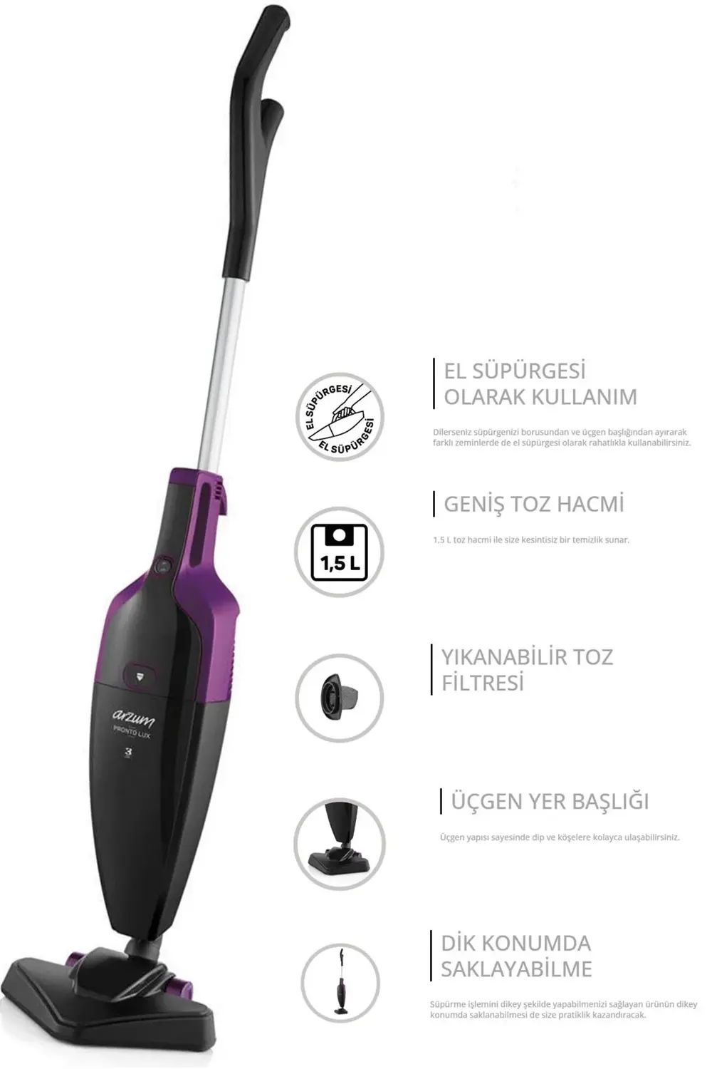 Arzum Pronto Lux 2‘Si 1 Arada Dikey Elektrikli Süpürge 800W Mürdüm - Ar