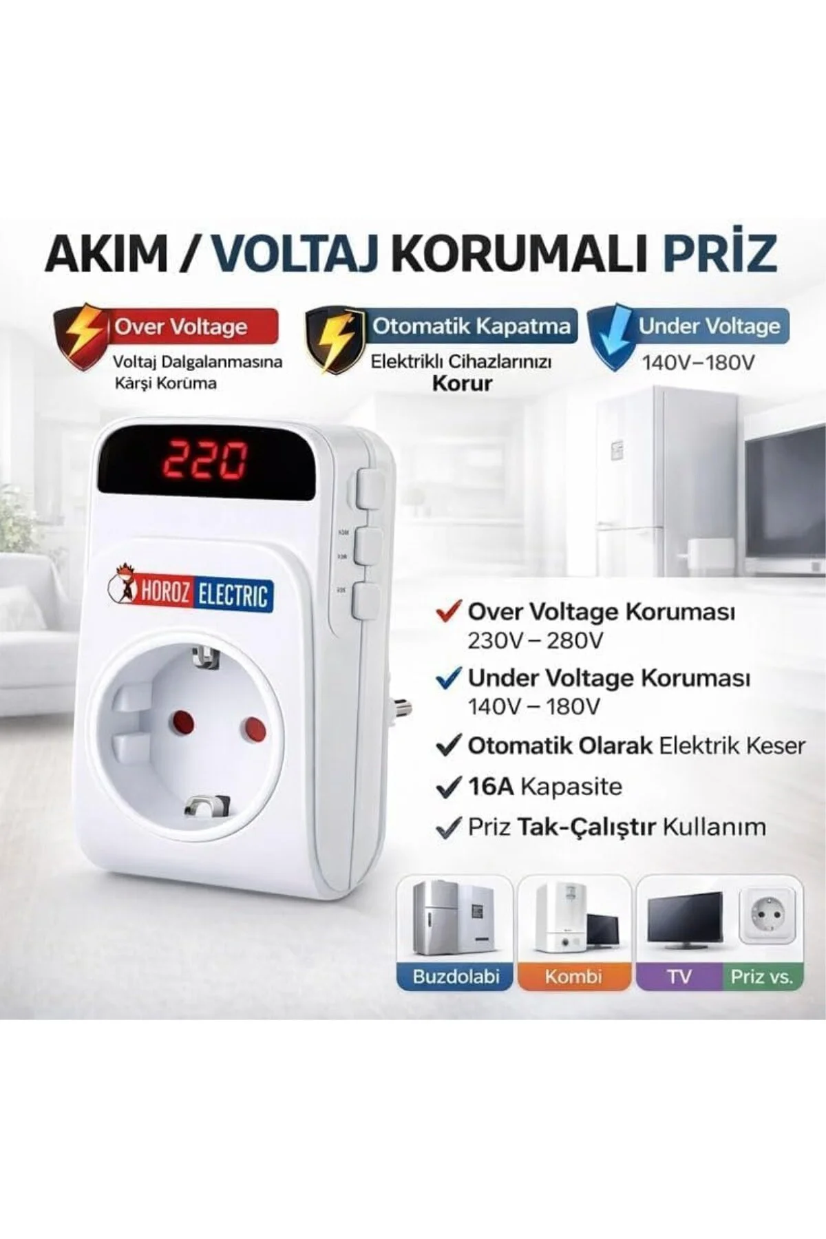 PROTEX-R Dijital Voltaj Koruyucu Priz - Ayarlanabilir Alt/Üst Lim