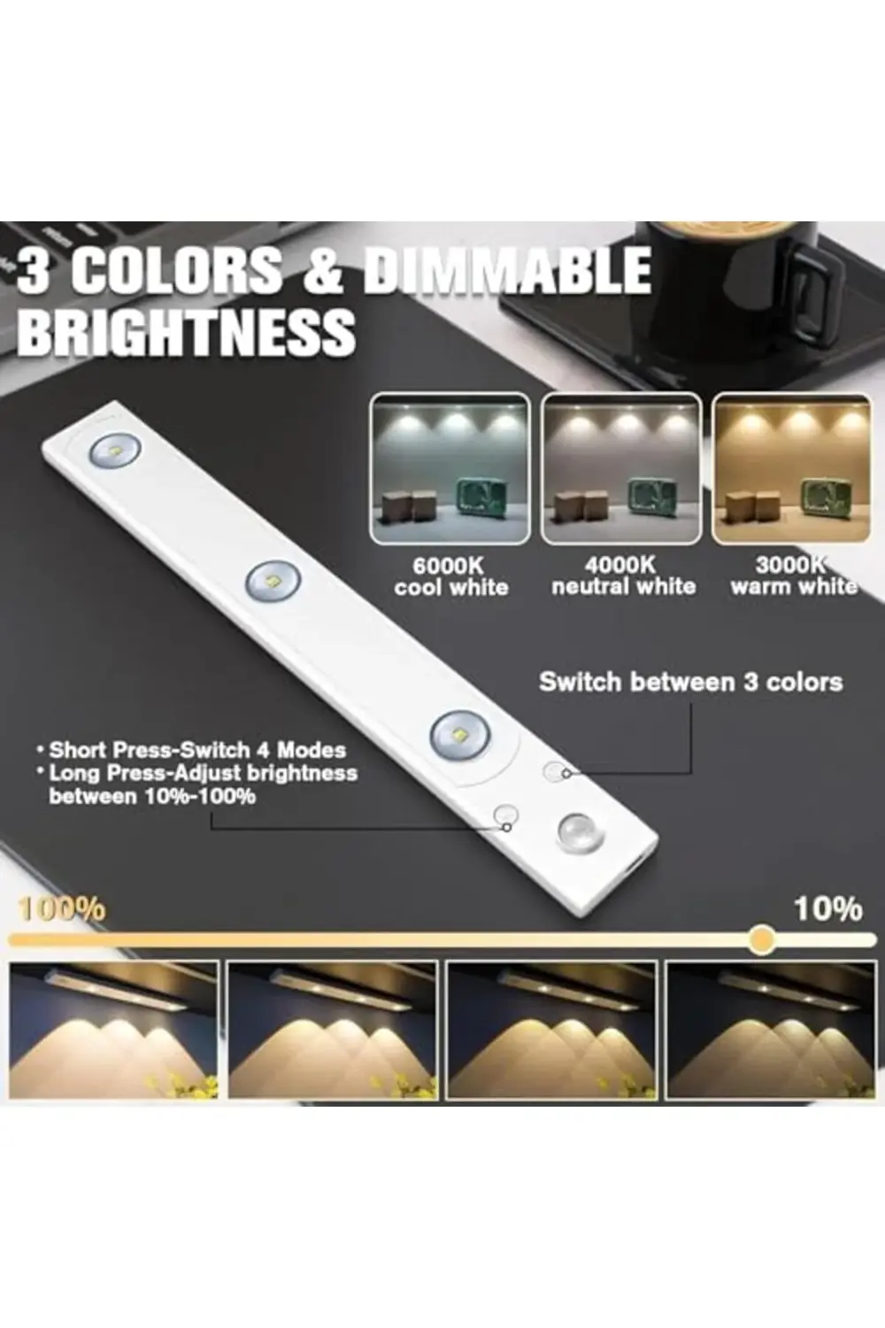 PrStorex 3 Led'li Şarjlı Dolap Altı Aydınlatma, Hareket Sensörlü,