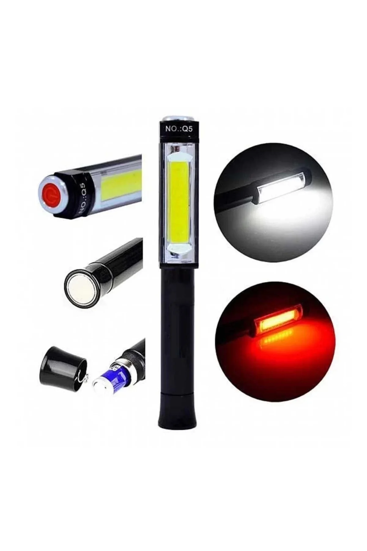 Ps-Q5 Pilli Mıknatıslı Cob Led Çalışma Tamir Kırmızı Işık El Fene
