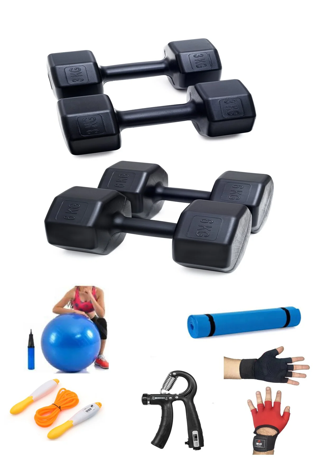 PS SPOR 18 Kg Dambıl Set 6Kg X2 Ad 3Kg X2 Ad + 5 ÇEŞİT EGZERSİZ S