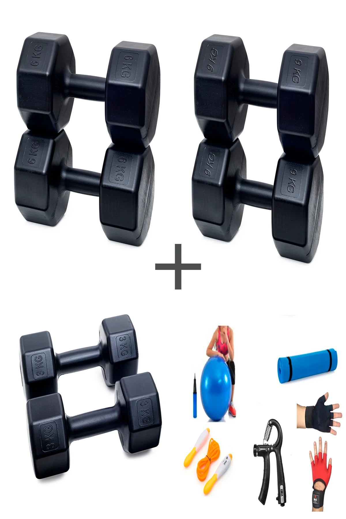 PS SPOR 3 ÇİFT DAMBIL SET 3 KG + 6 KG + 9 KG + 5 ÇEŞİT EGZERSİZ S