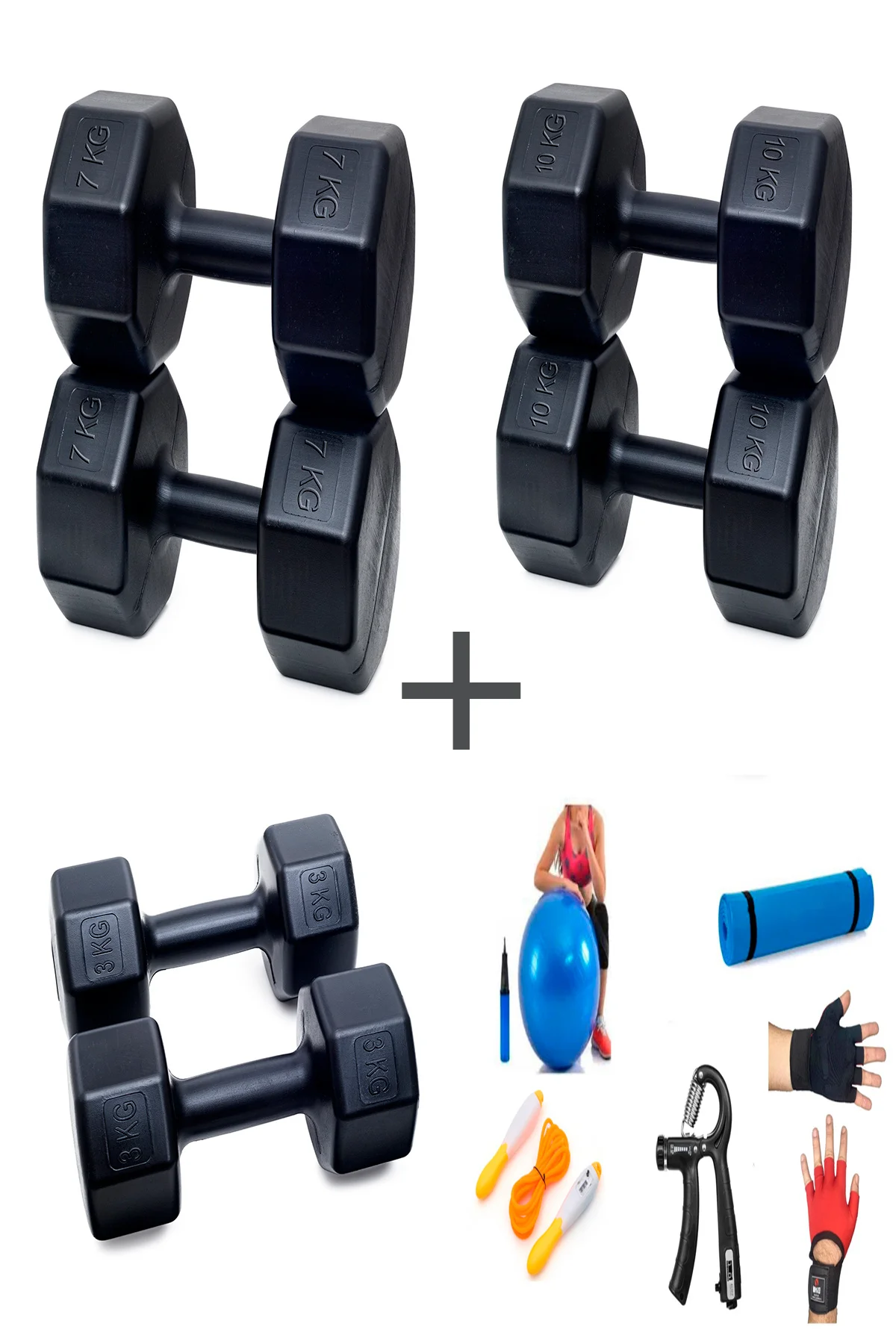 PS SPOR 3 ÇİFT DAMBIL SET 3 KG + 7 KG + 10 KG + 5 ÇEŞİT EGZERSİZ 