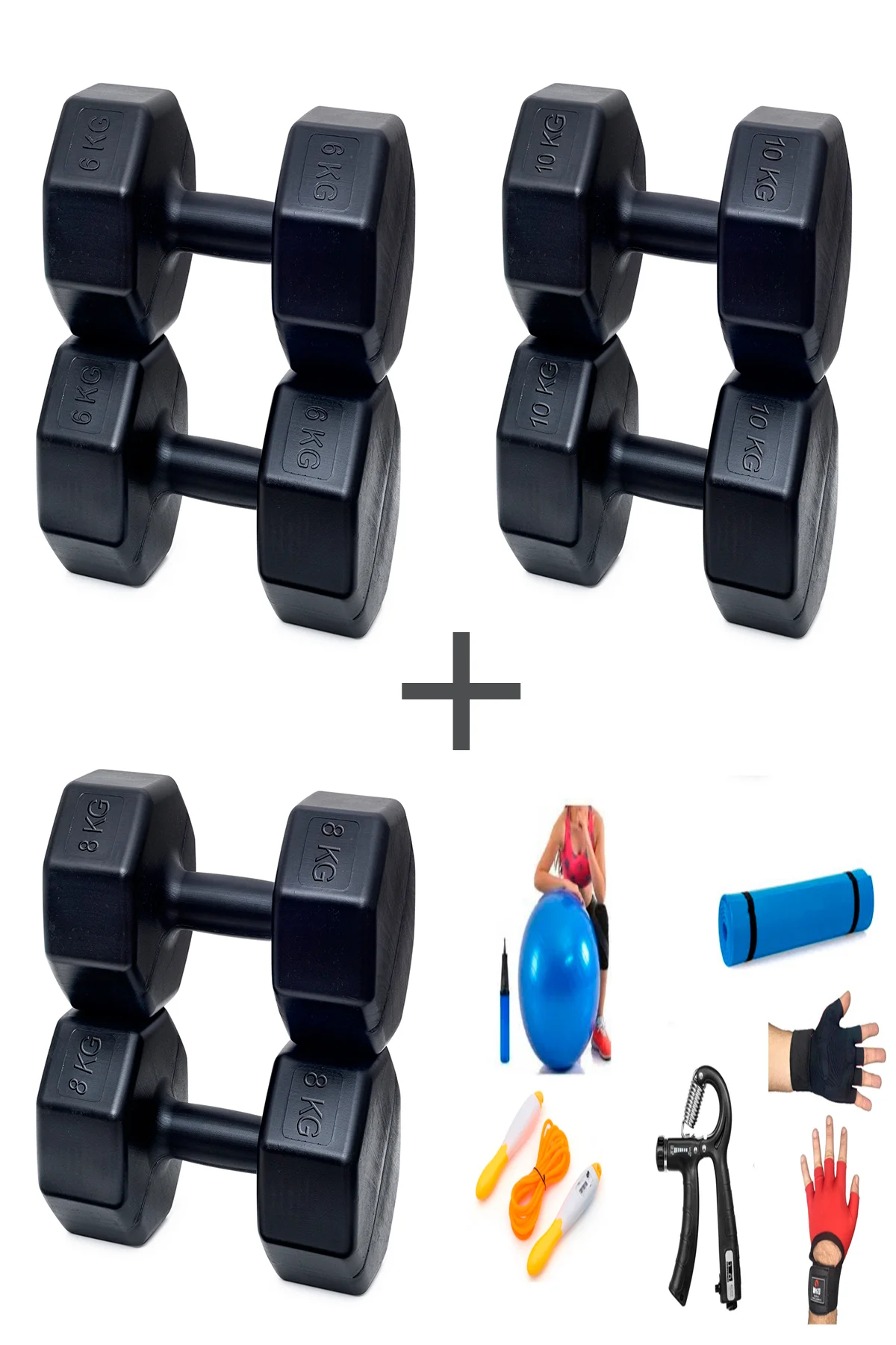 PS SPOR 3 ÇİFT DAMBIL SET 6 KG + 8 KG + 10 KG + 5 ÇEŞİT EGZERSİZ 