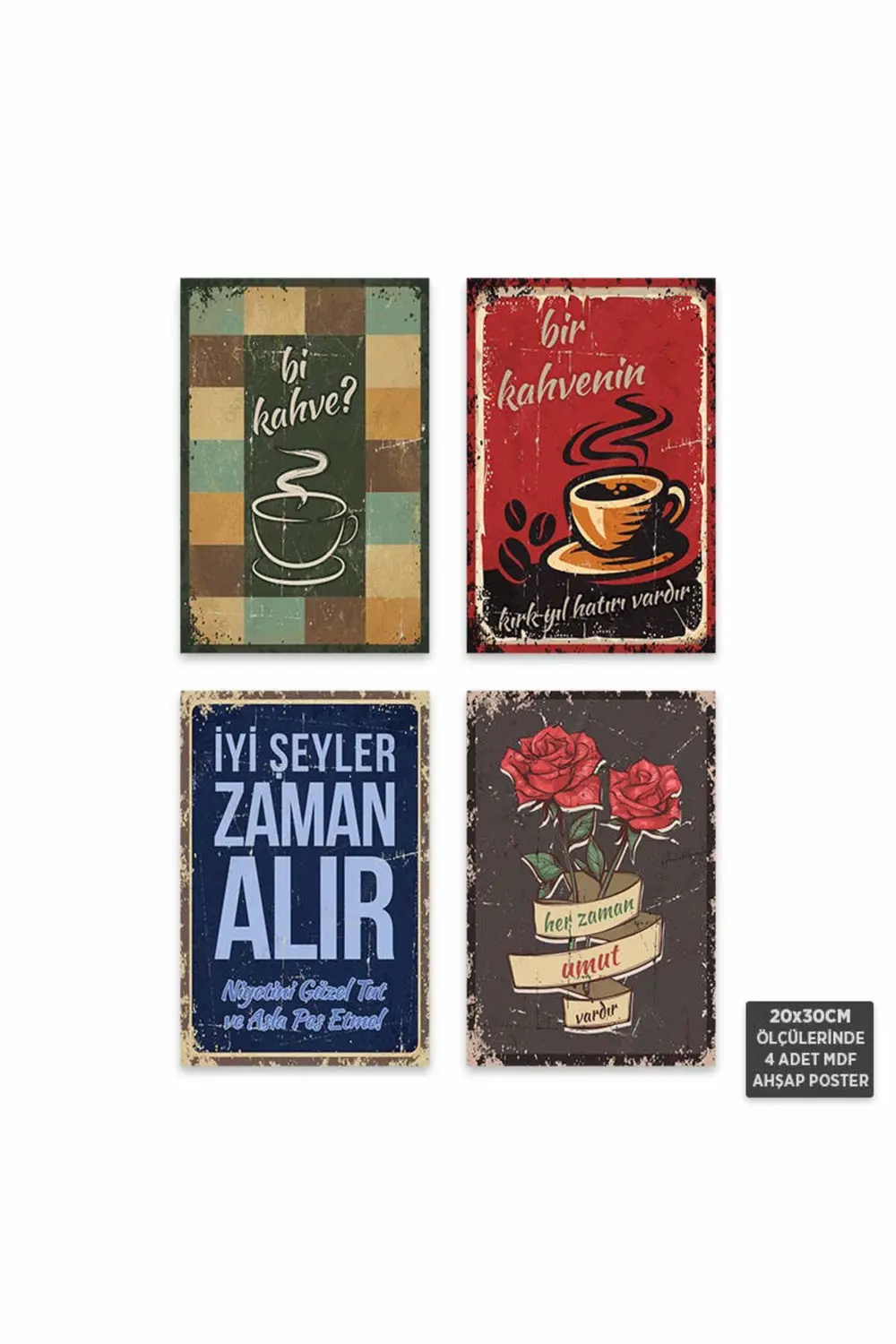 PS1007 - Türkçe Retro Mdf Ahşap Poster Set (4 Adet - 20x30cm)