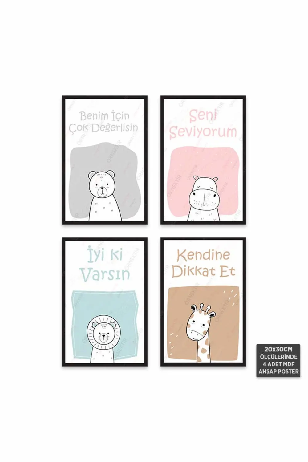 PS1011 - Çocuk Odası Modern Mdf Ahşap Poster Set (4 Adet - 20x30c