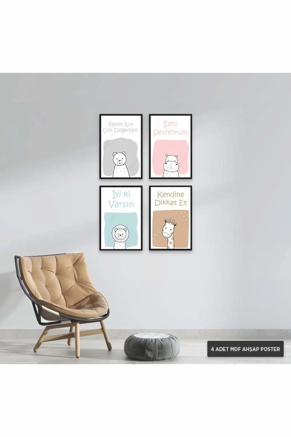 PS1011 - Çocuk Odası Modern Mdf Ahşap Poster Set (4 Adet - 20x30c