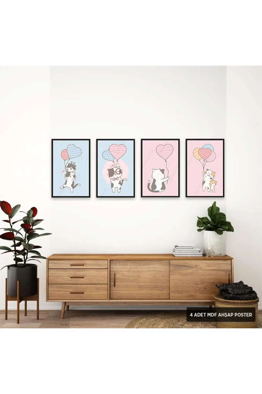 PS1020 - Sevimli Kediler Modern Mdf Ahşap Poster Set (4 Adet - 20