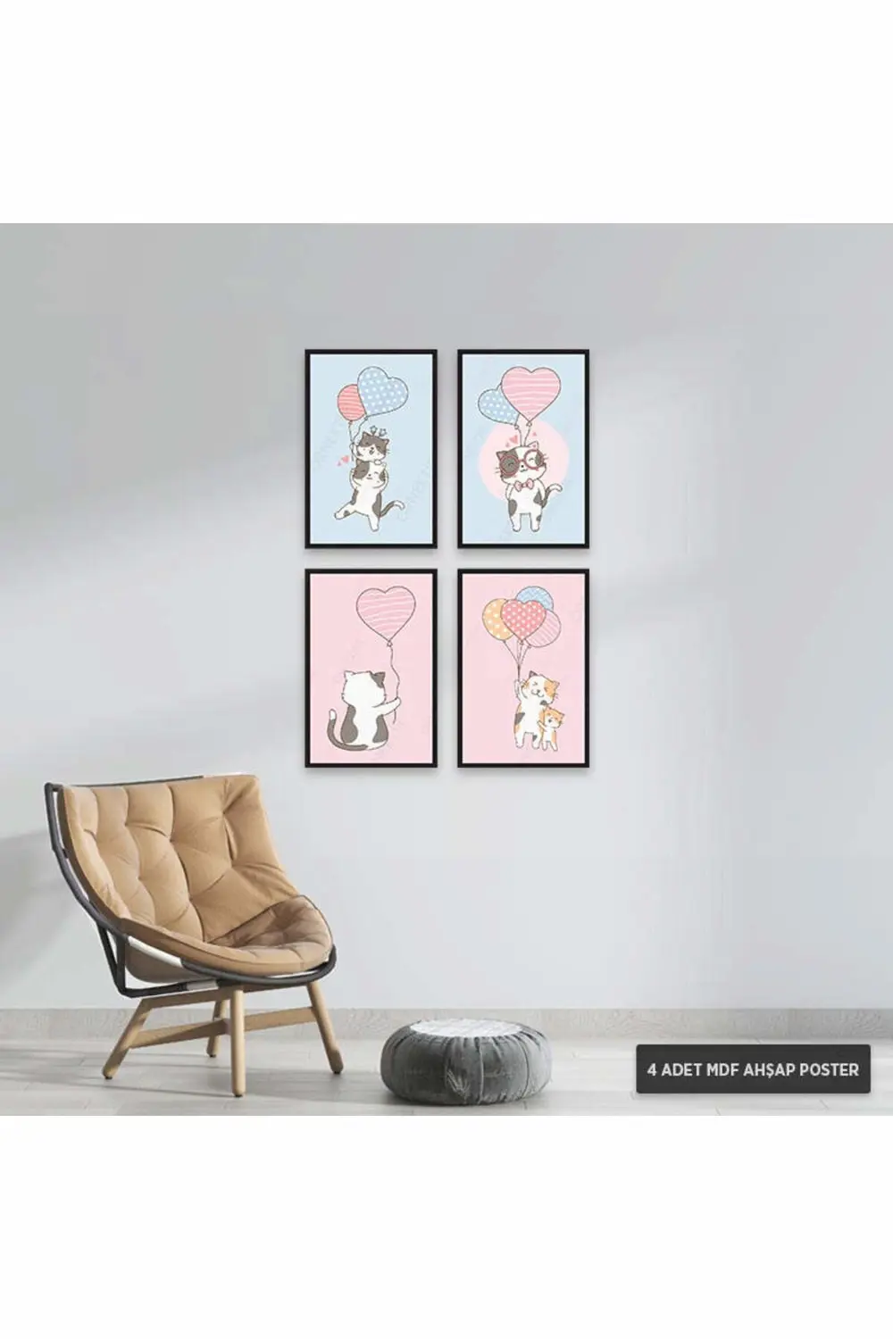 PS1020 - Sevimli Kediler Modern Mdf Ahşap Poster Set (4 Adet - 20