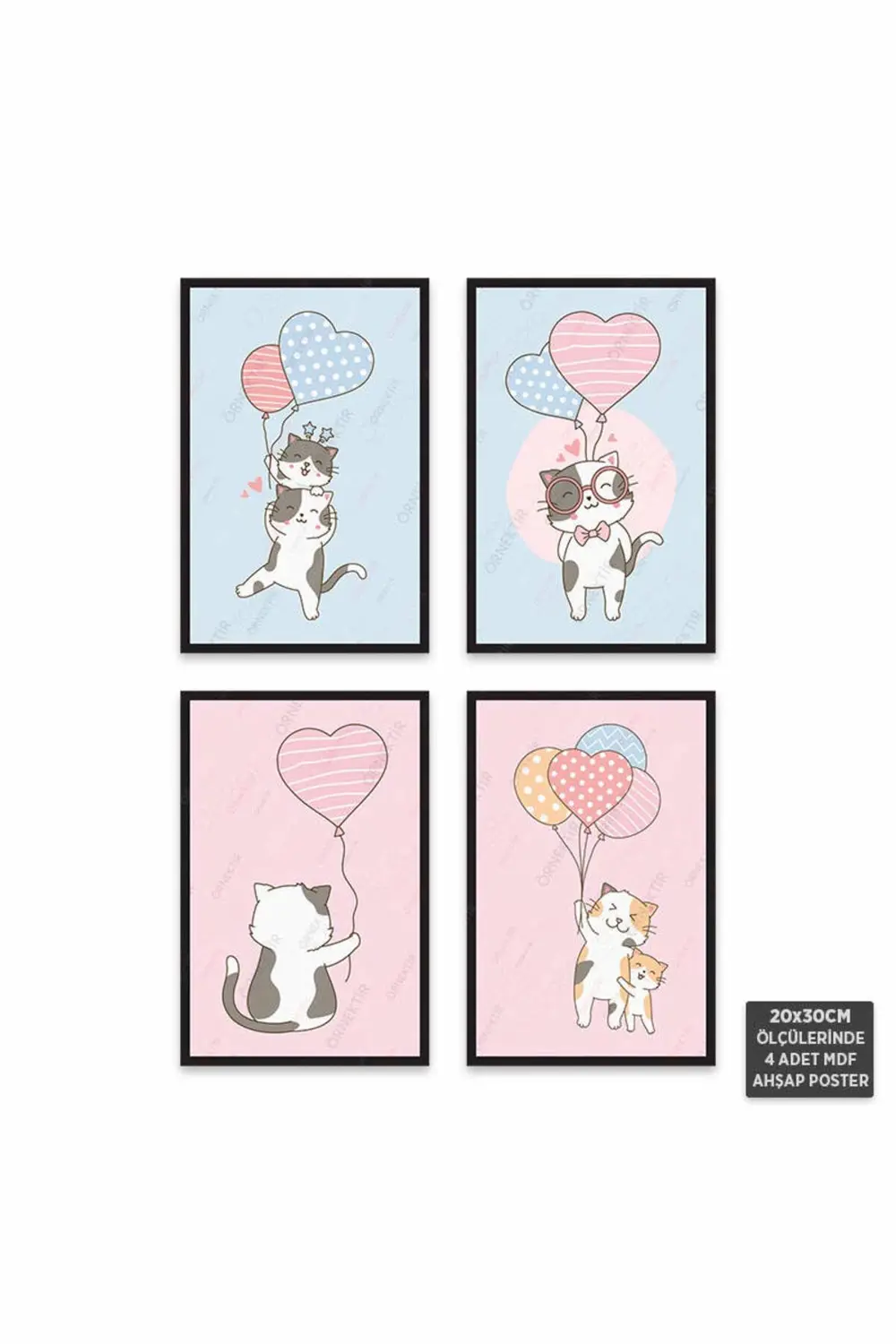 PS1020 - Sevimli Kediler Modern Mdf Ahşap Poster Set (4 Adet - 20