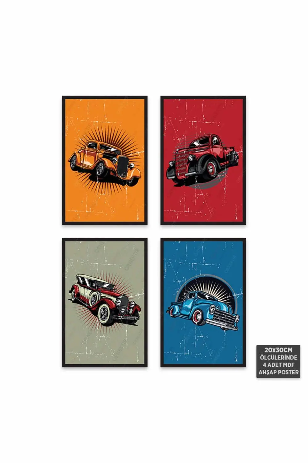PS1026 - Klasik Arabalar Retro Mdf Ahşap Poster Set (4 Adet - 20x