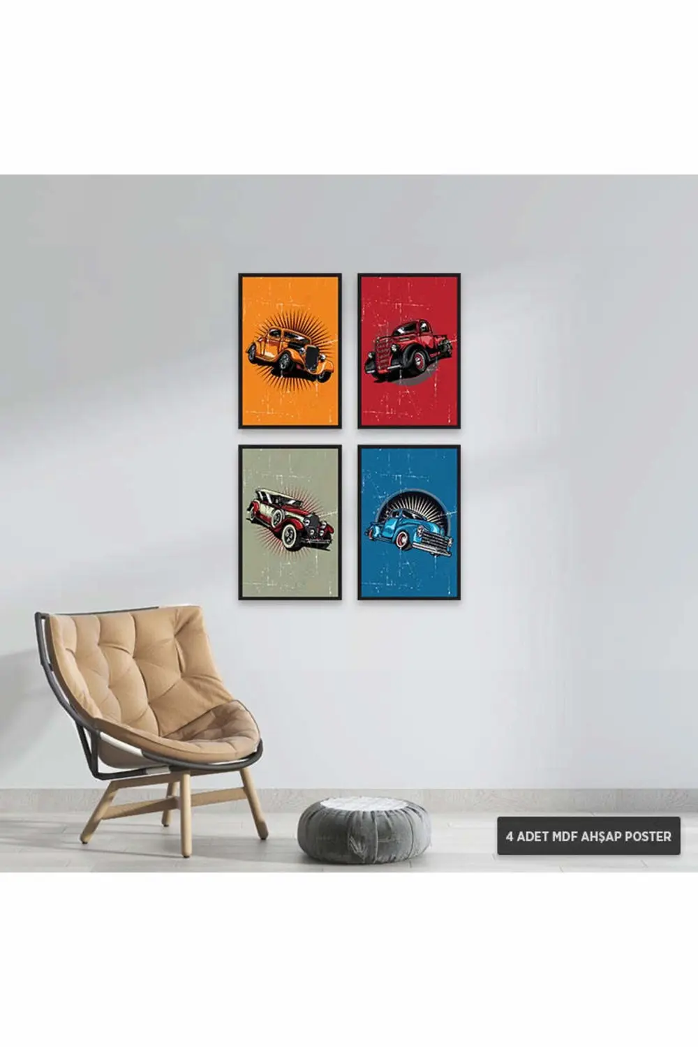 PS1026 - Klasik Arabalar Retro Mdf Ahşap Poster Set (4 Adet - 20x