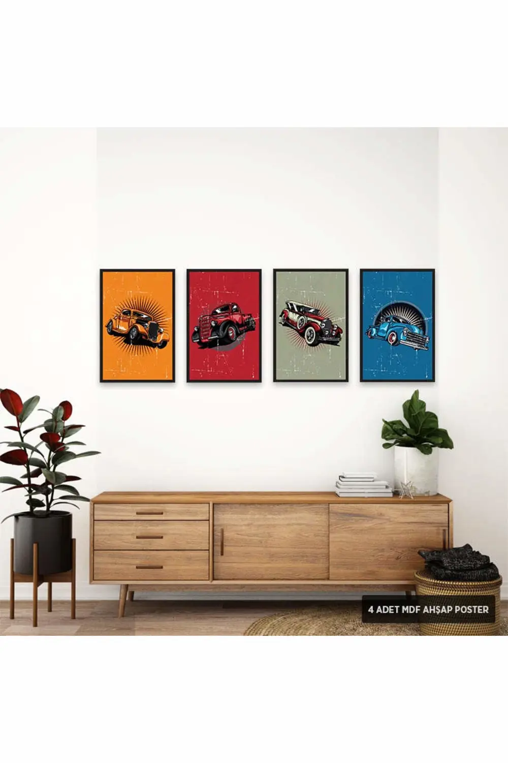 PS1026 - Klasik Arabalar Retro Mdf Ahşap Poster Set (4 Adet - 20x
