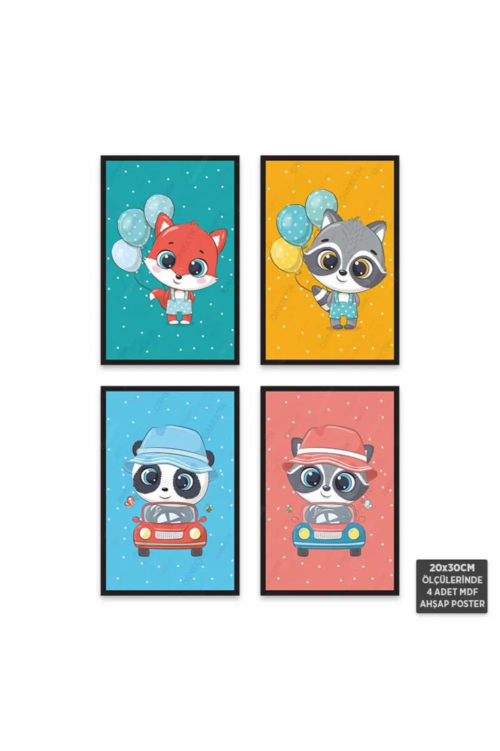 PS1027 - Sevimli Hayvanlar Modern Mdf Ahşap Poster Set (4 Adet - 