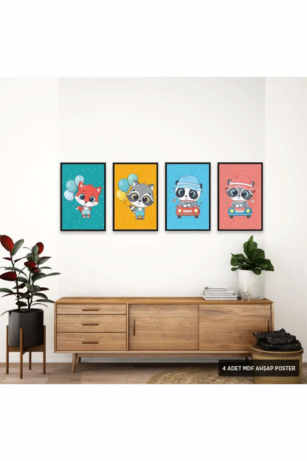 PS1027 - Sevimli Hayvanlar Modern Mdf Ahşap Poster Set (4 Adet - 