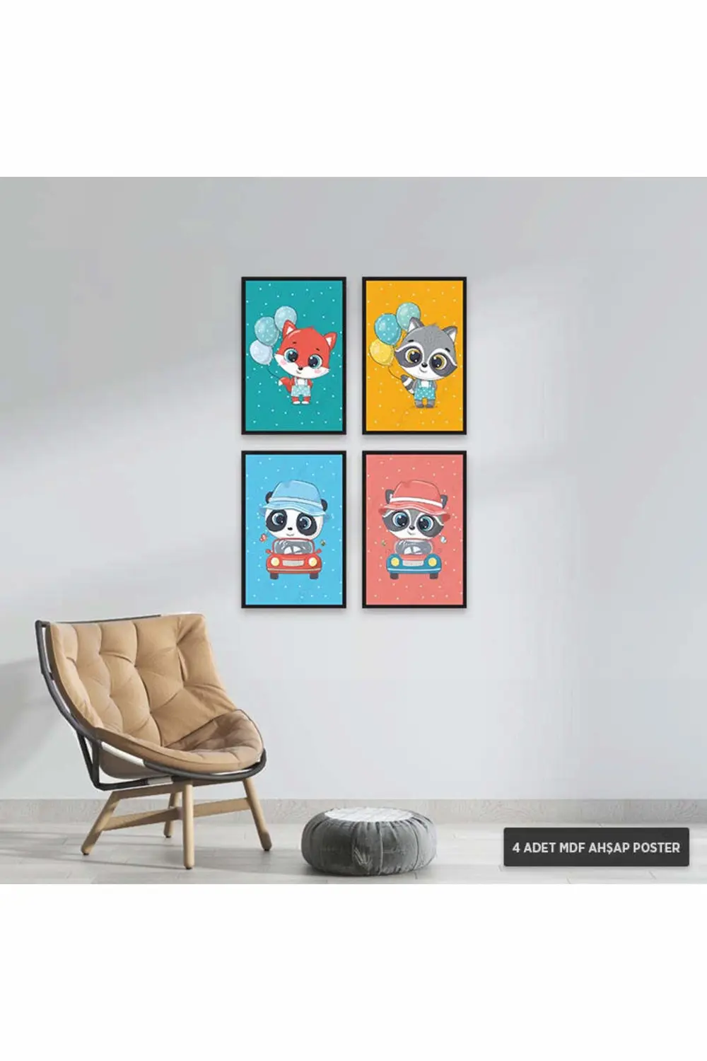 PS1027 - Sevimli Hayvanlar Modern Mdf Ahşap Poster Set (4 Adet - 