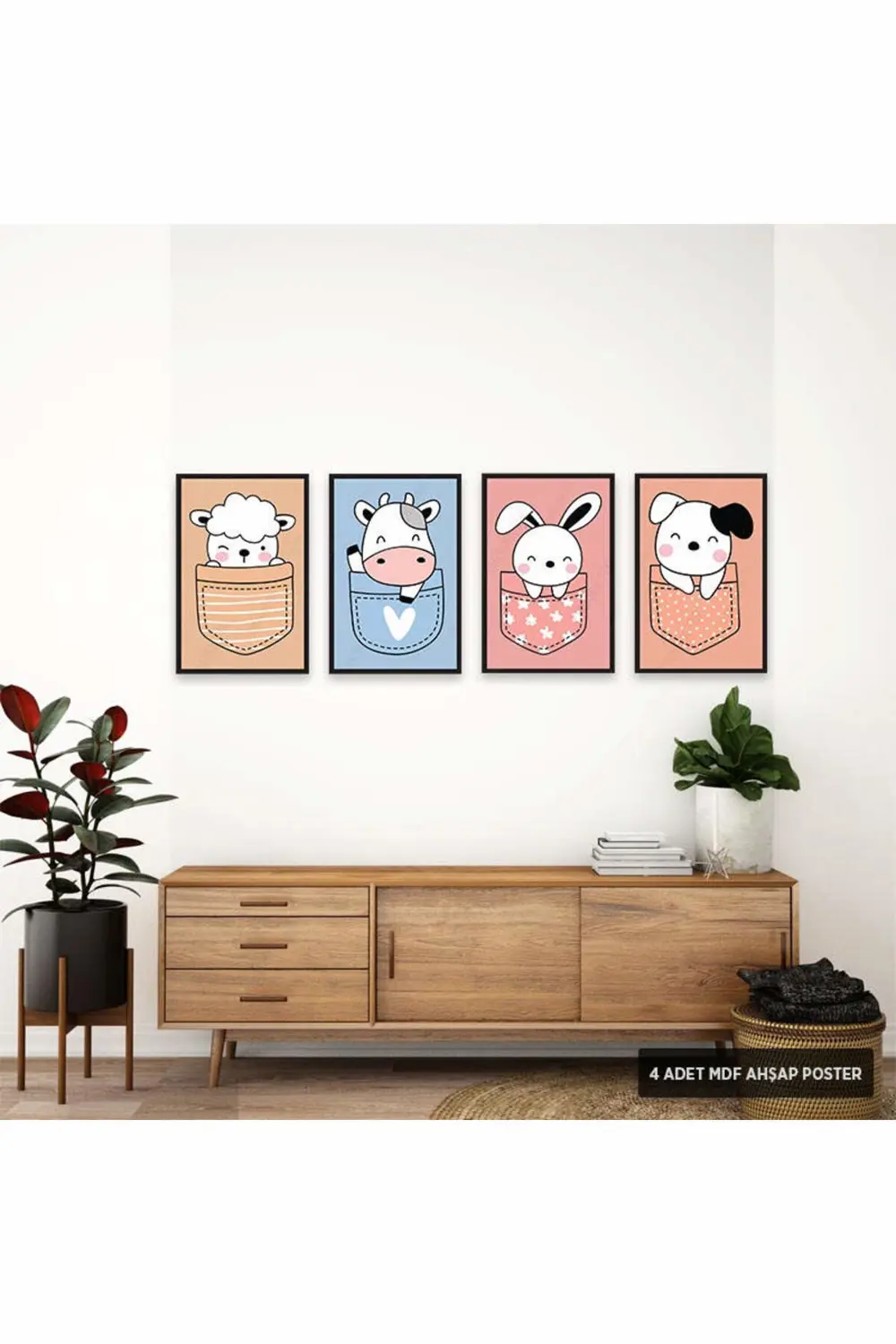 PS1030 - Sevimli Hayvanlar Modern Mdf Ahşap Poster Set (4 Adet - 