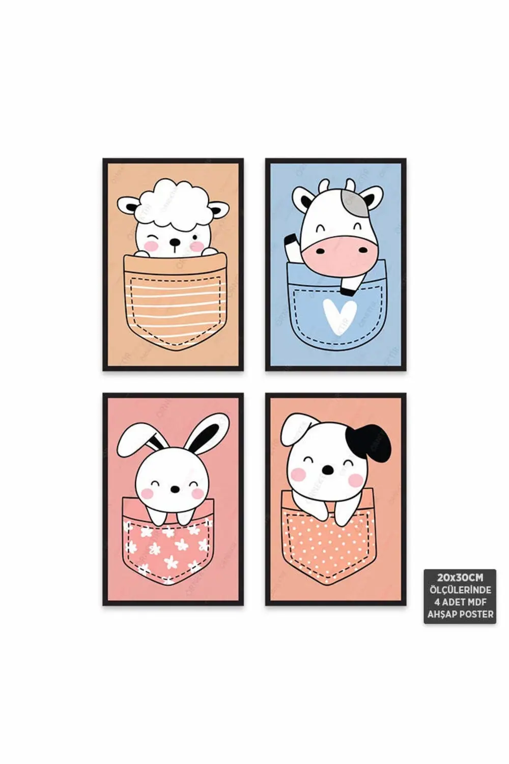 PS1030 - Sevimli Hayvanlar Modern Mdf Ahşap Poster Set (4 Adet - 