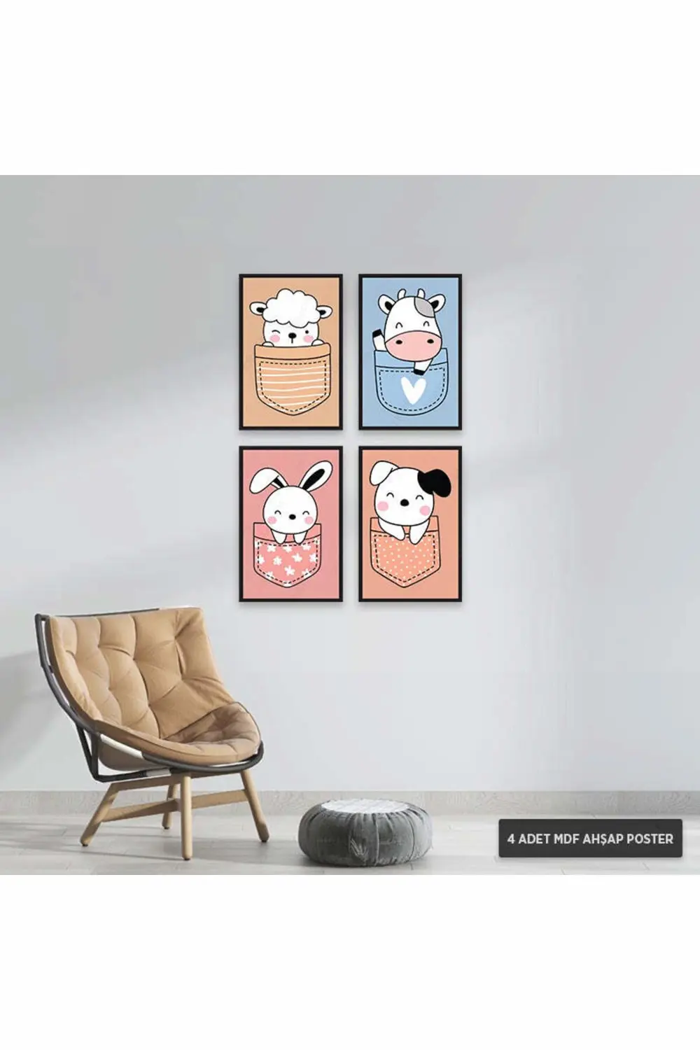 PS1030 - Sevimli Hayvanlar Modern Mdf Ahşap Poster Set (4 Adet - 