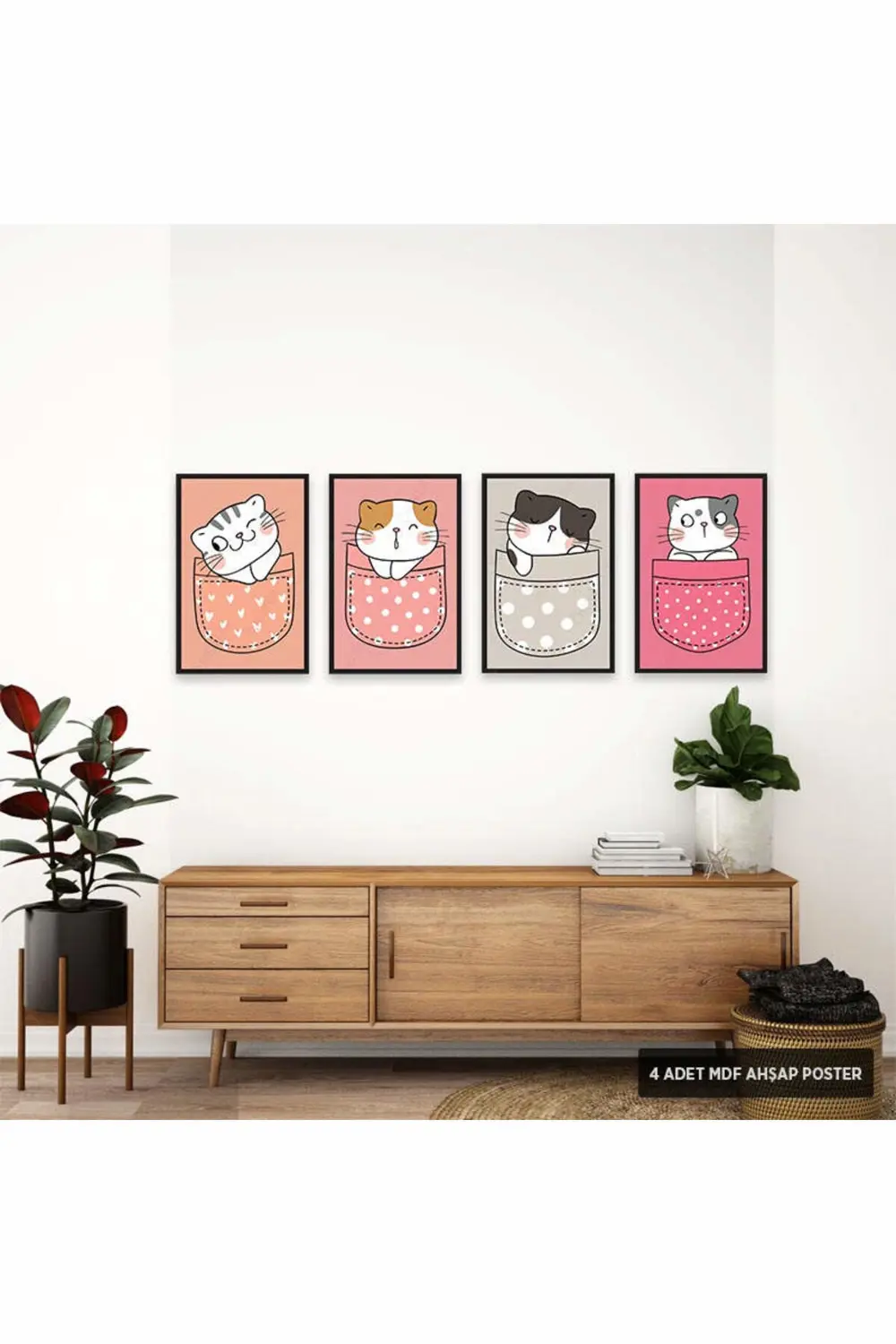 PS1032 - Sevimli Hayvanlar Modern Mdf Ahşap Poster Set (4 Adet - 
