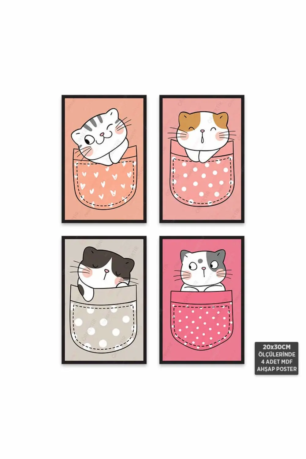 PS1032 - Sevimli Hayvanlar Modern Mdf Ahşap Poster Set (4 Adet - 