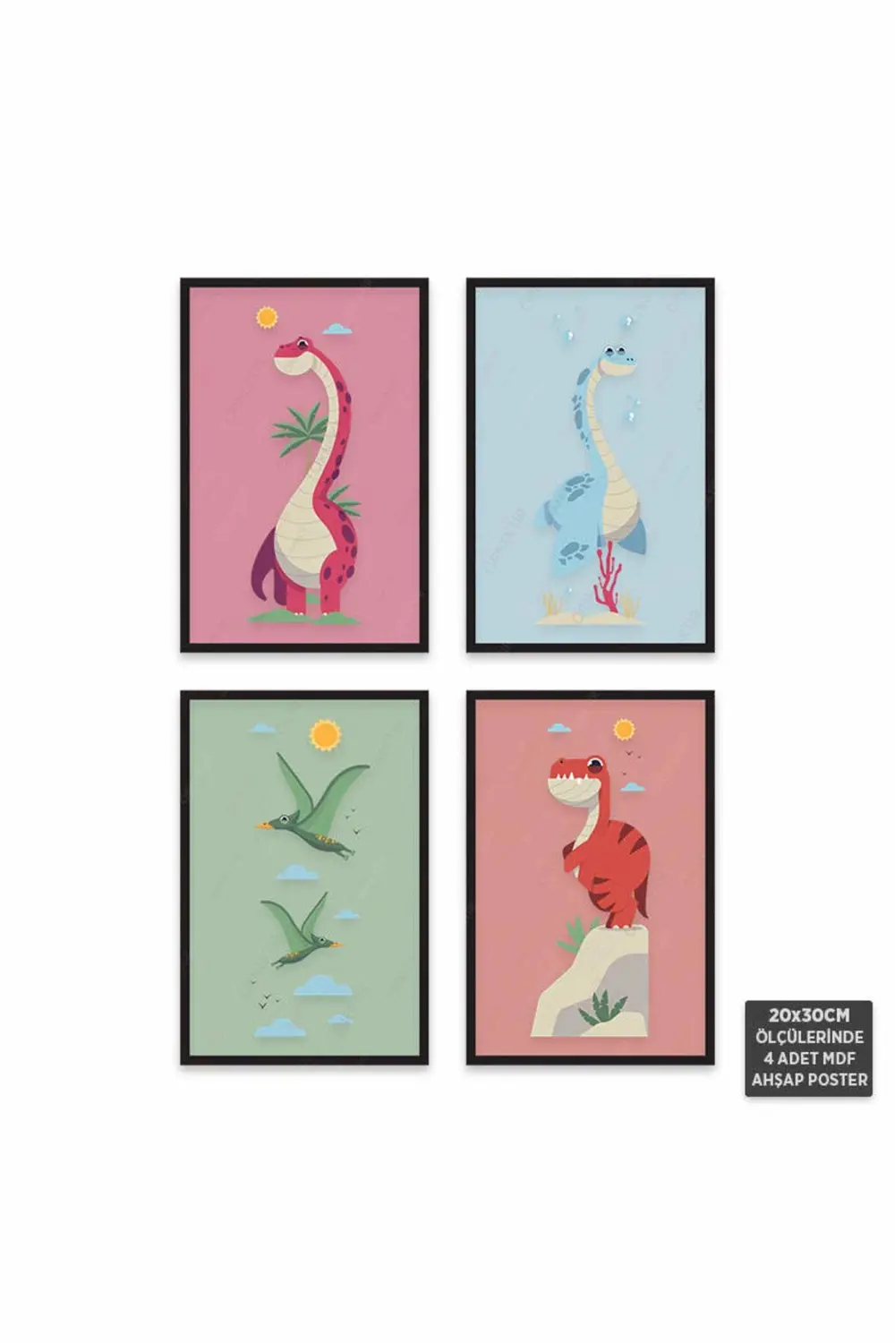 PS1035 - Sevimli Hayvanlar Modern Mdf Ahşap Poster Set (4 Adet - 