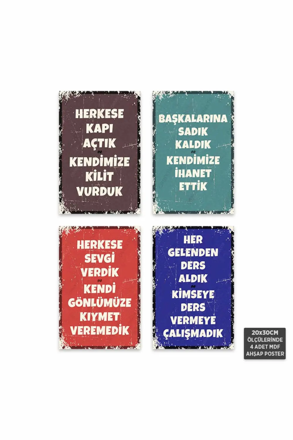 PS1129 - Türkçe Retro Mdf Ahşap Poster Set (4 Adet - 20x30cm)