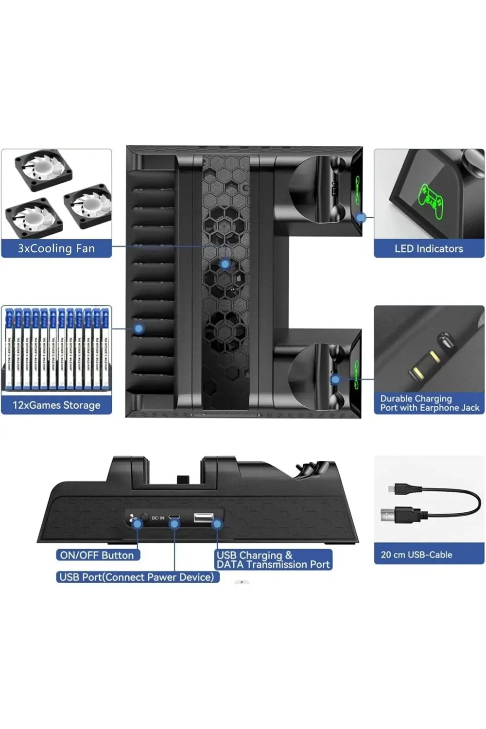 PS4 Slim 3 Fanlı Soğutucu Stand + Çift Şarj Dock – TP4-882C