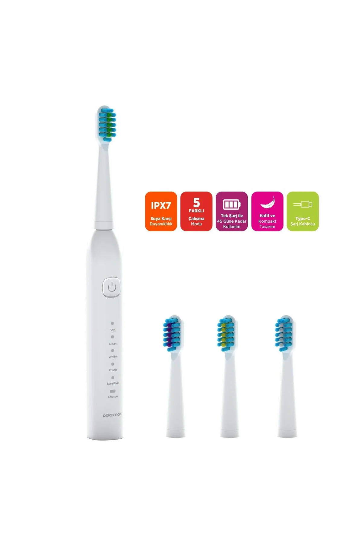 PSC74 Şarjlı Diş Fırçası — 500 mAh, IPX7, 5 Mod, 3+1 Yedek Başlık