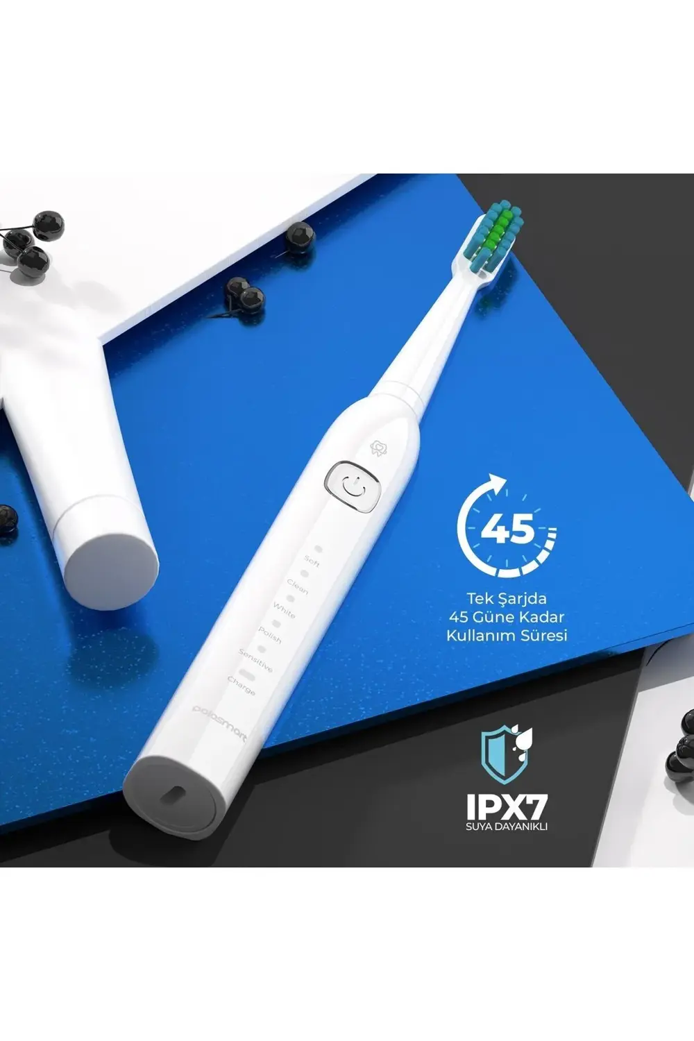 PSC74 Şarjlı Diş Fırçası — 500 mAh, IPX7, 5 Mod, 3+1 Yedek Başlık