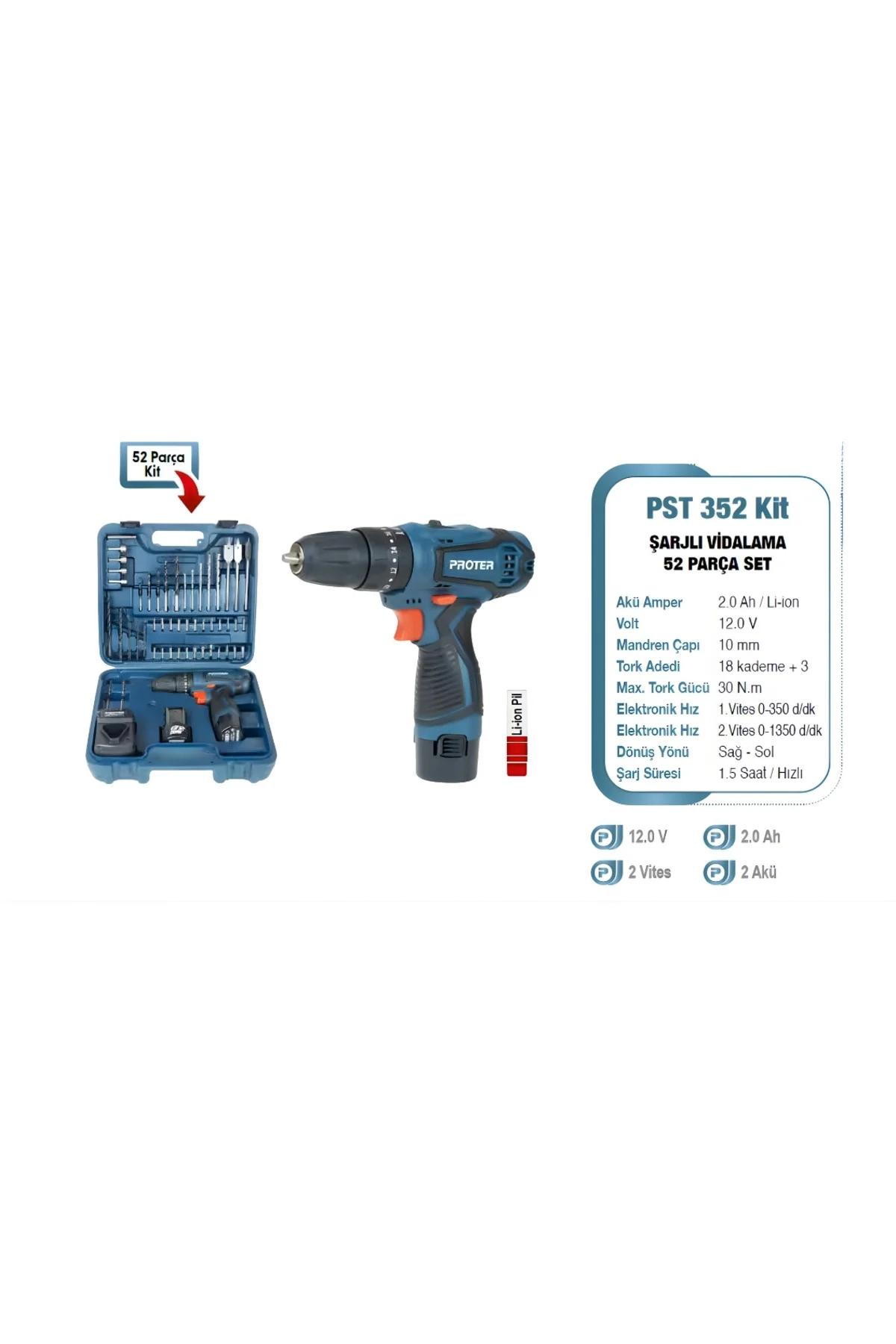 PST 352 KİT 12 V 2.0 Ah Li-ion Pil 2 Vts Darb.Şarjlı (52 Parça Se PST 352 KİT 12 V 2.0 Ah Li-ion Pil 2 Vts Darb.Şarjlı (52 Parça Se