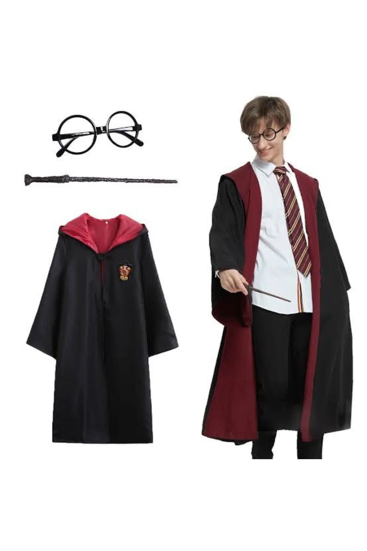 Pttr Gryffindor Kapişonlu Çocuk Kostüm + Asa + Gözlük Seti 5-6 Yaş