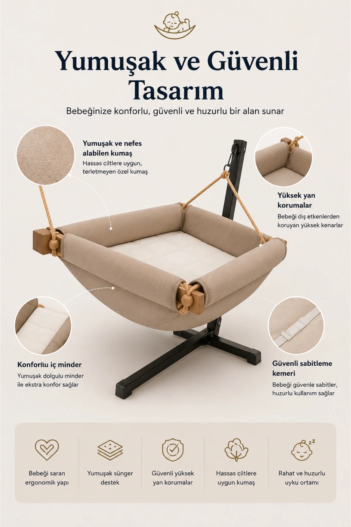 Puanti Gondol Bebek Hamak Bebek Beşik, Sallanbilir, Sabitlenir, Bebek Hamağı, Bebek Salıncak, Yataklı Hamak