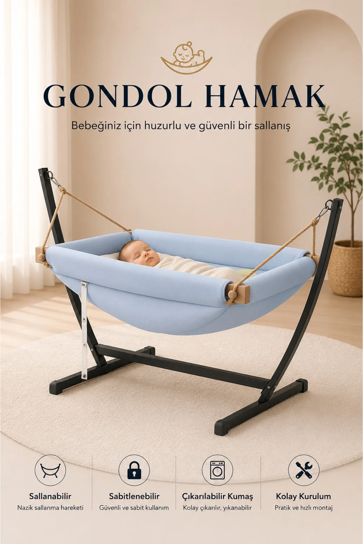 Puanti Gondol Bebek Hamak Bebek Beşik, Sallanbilir, Sabitlenir, Bebek Hamağı, Bebek Salıncak, Yataklı Hamak