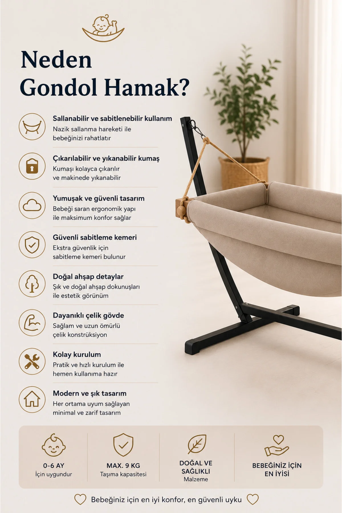 Puanti Gondol Bebek Hamak Bebek Beşik, Sallanbilir, Sabitlenir, Bebek Hamağı, Bebek Salıncak, Yataklı Hamak
