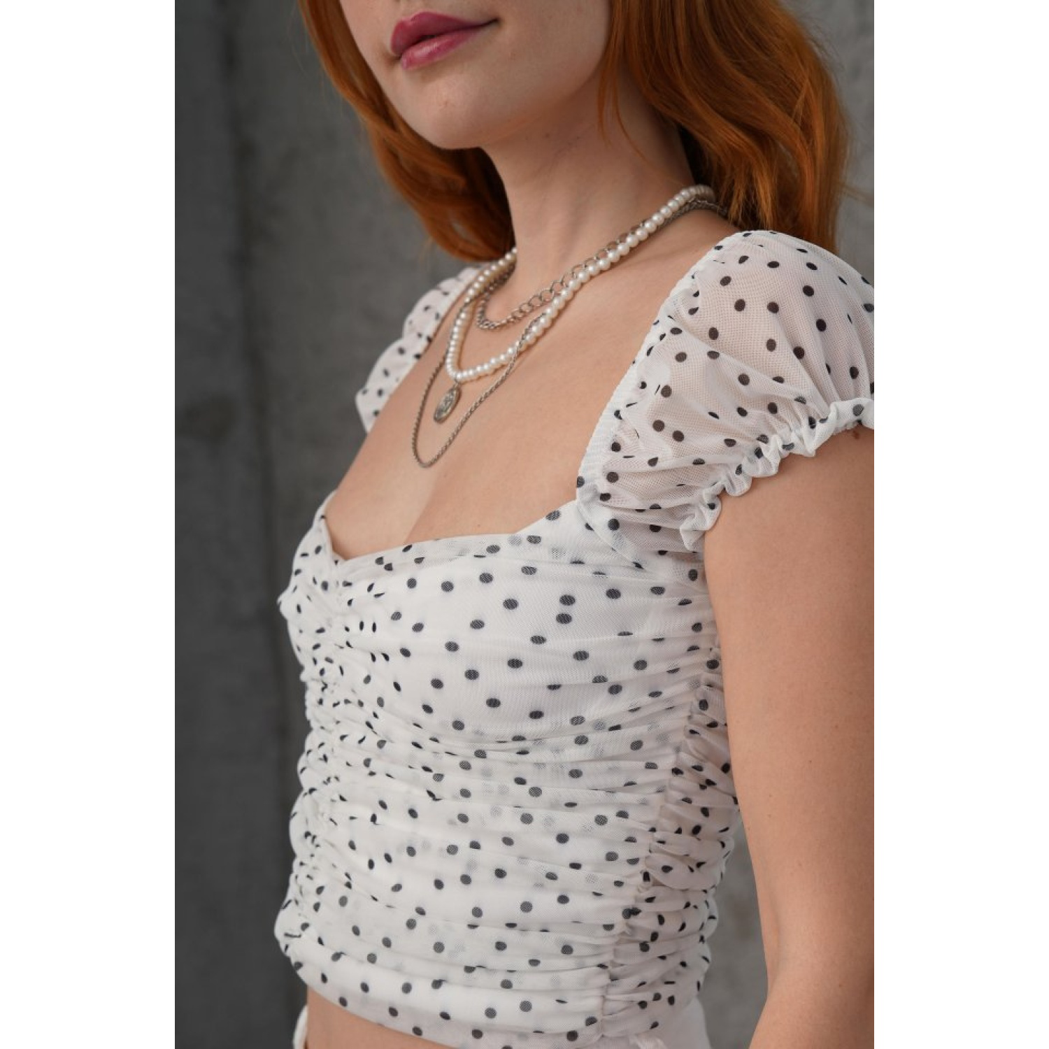 Puantiyeli Belden Oturtmalı Tül Lucky Life Kadın Bluz