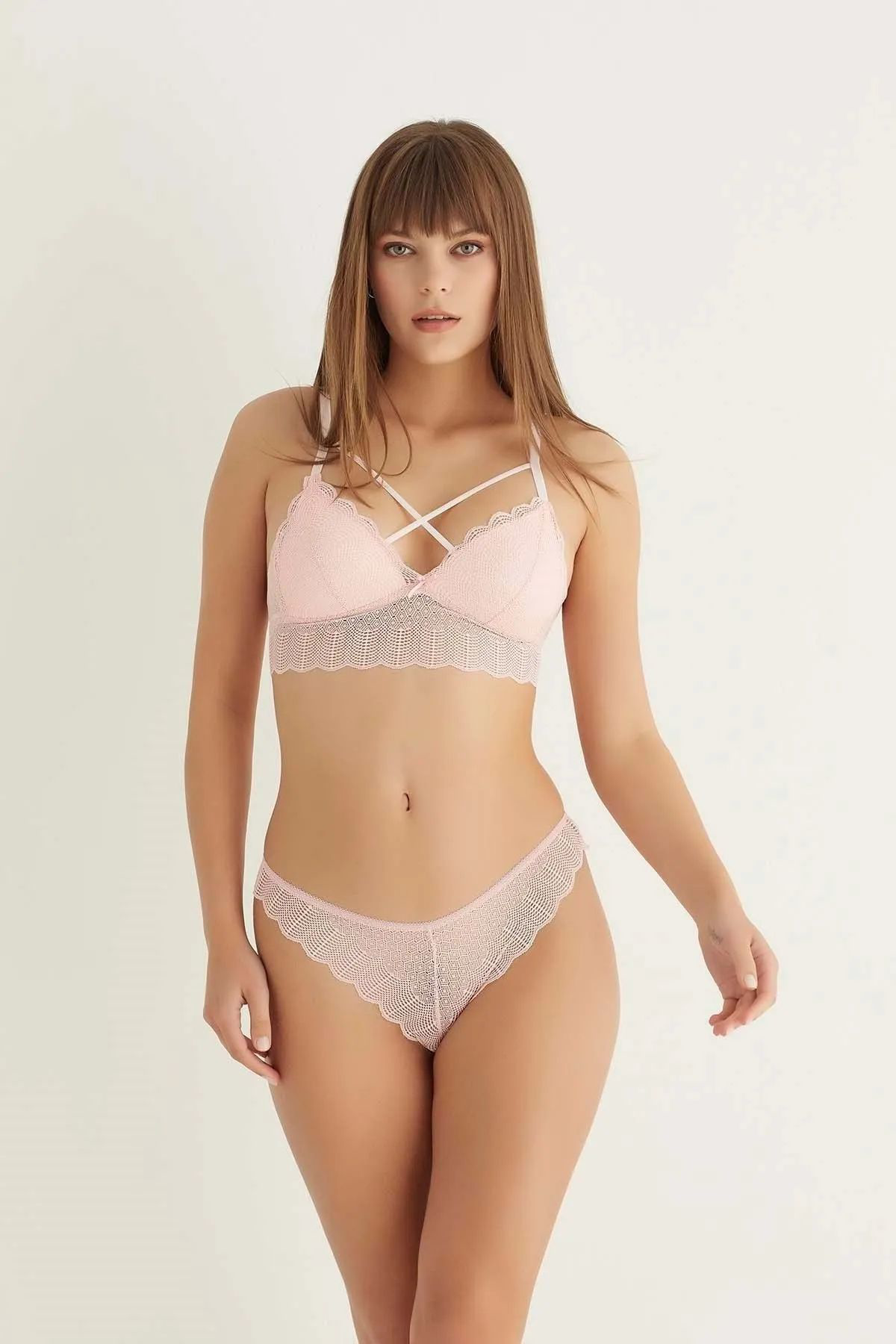 Just Cheap Store Pudra Destekli Çapraz Dantelli Bralet Takım 5527