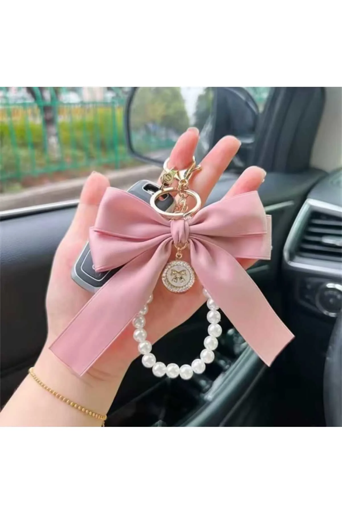Pudra Pembe İnci Boncuklu Çanta Charmı ,Anahtarlık