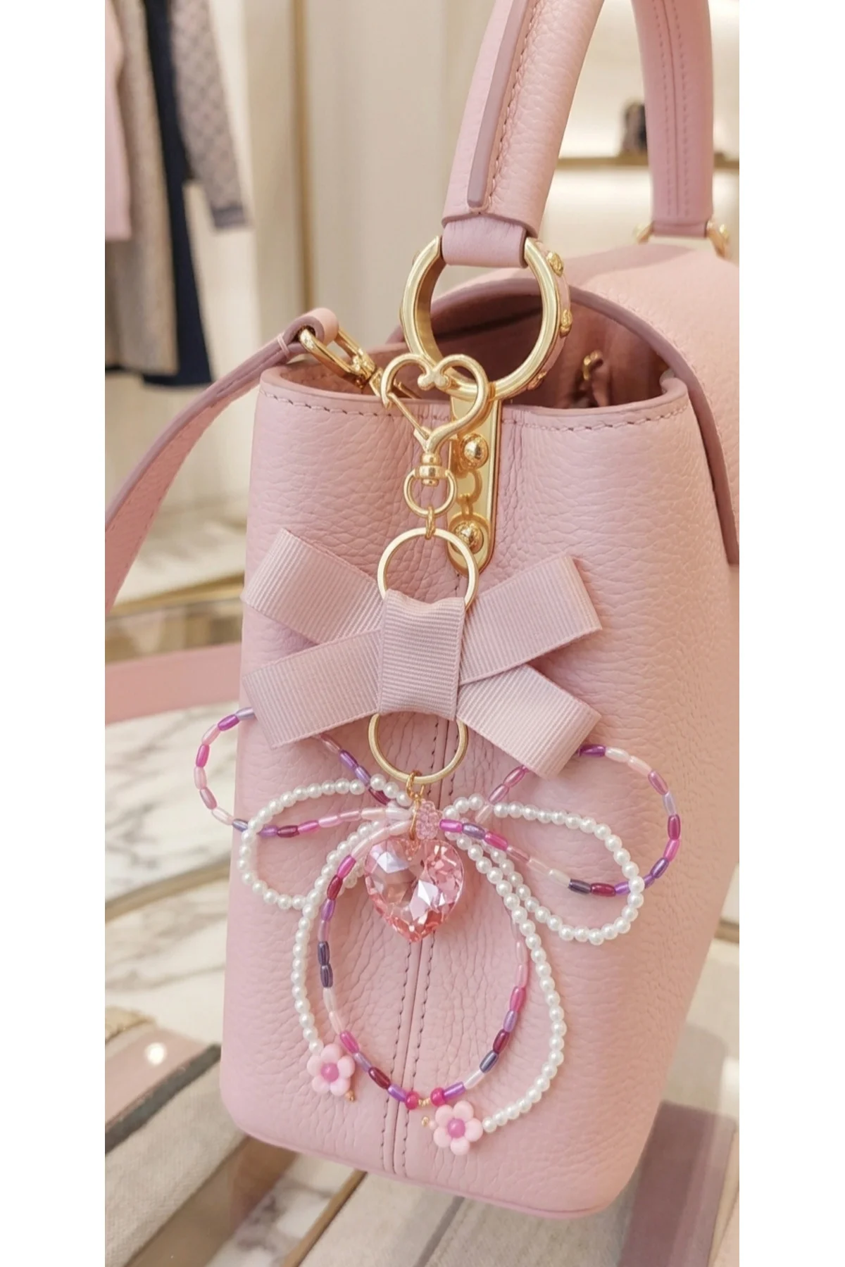 Pudra Pembe İnci Boncuklu Renkli Çanta Charmı Anahtarlık