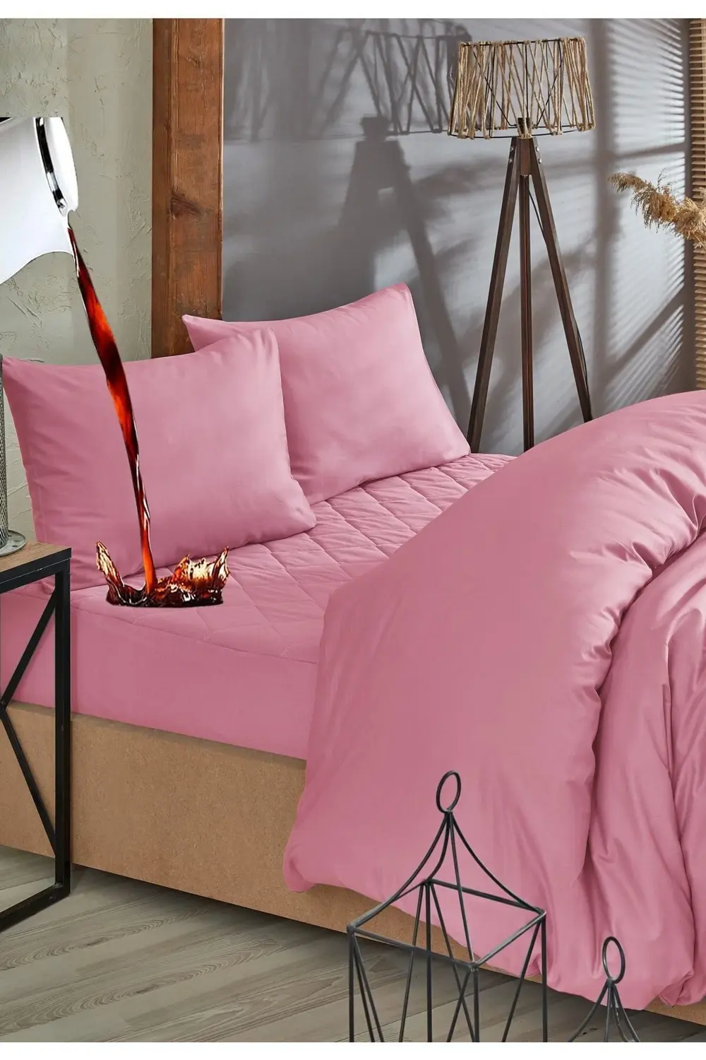 Pudra Sıvı Geçirmez  %100 Pamuk Kapitone Alez Ve Nevresim Set