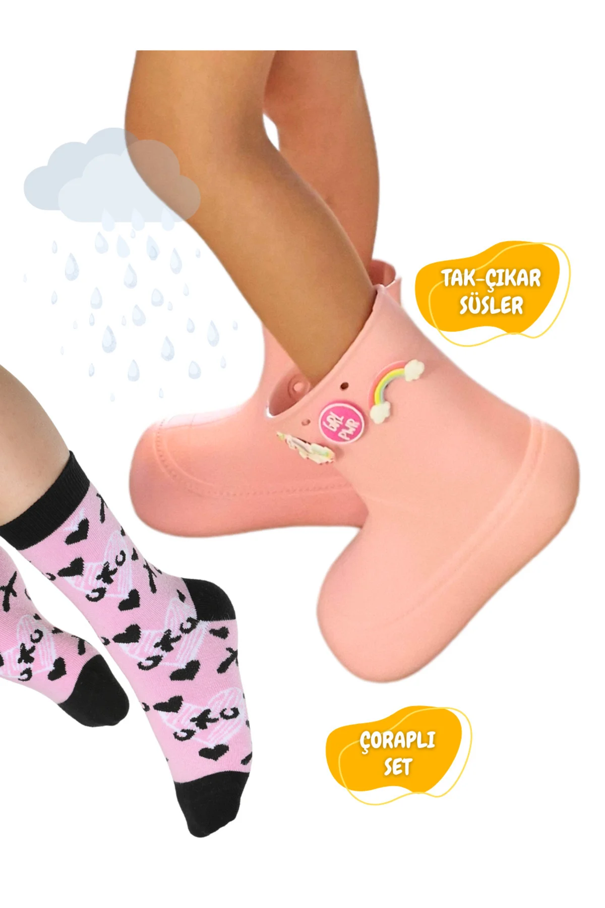 Pudra Yağmur Botu + Xo Çoraplı Set