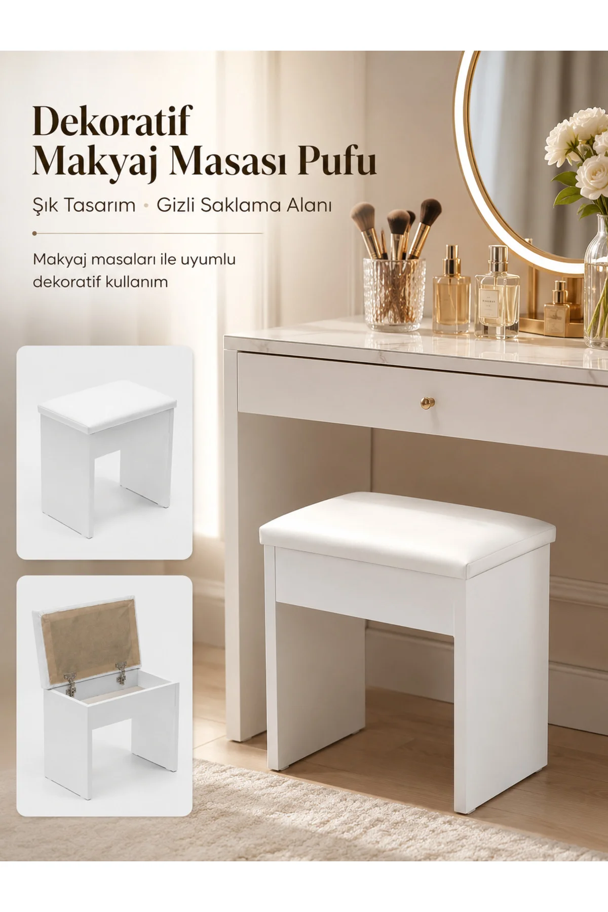 Puf Minder Puf Bench Dekoratif Makyaj Masası Pufu Beyaz Fiyatı, Yorumları ve Özellikleri
