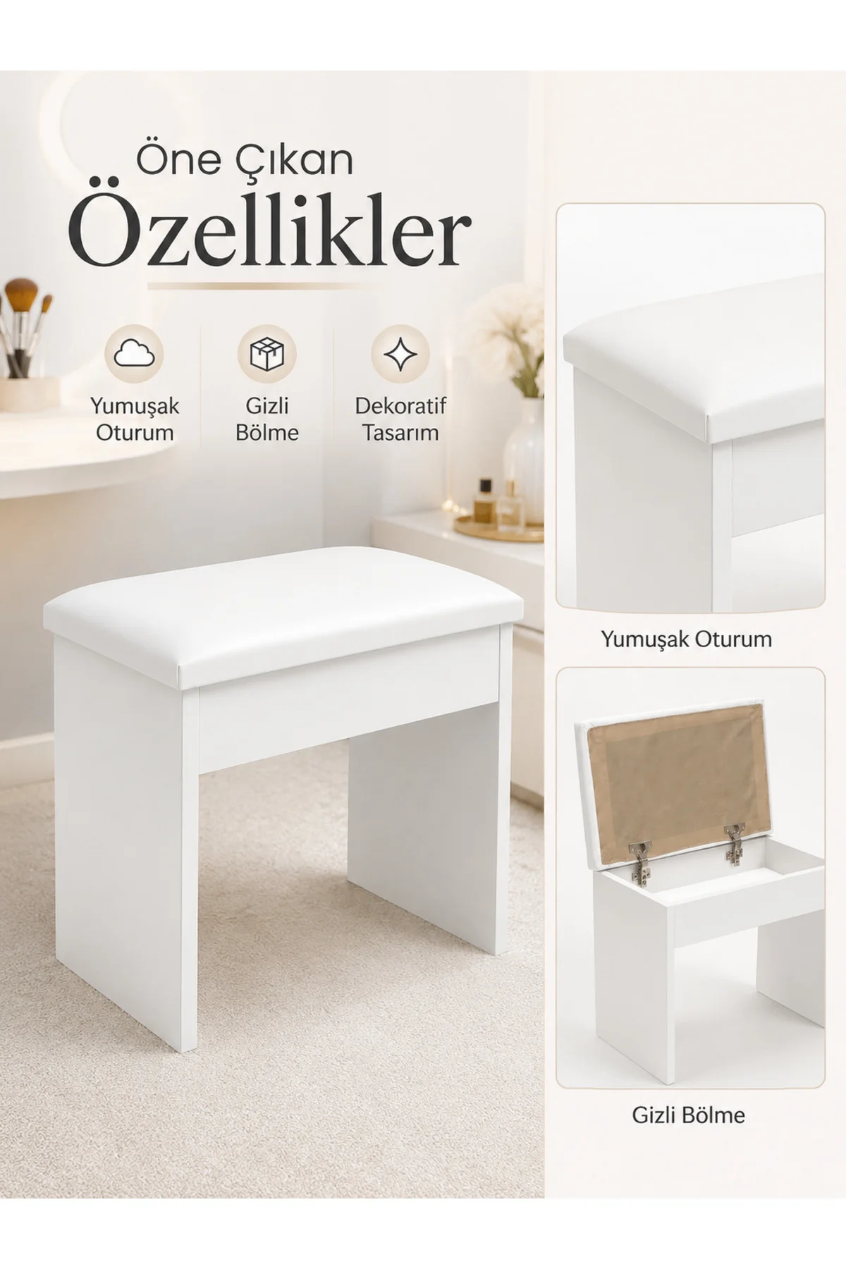 Puf Minder Puf Bench Dekoratif Makyaj Masası Pufu Beyaz Fiyatı, Yorumları ve Özellikleri