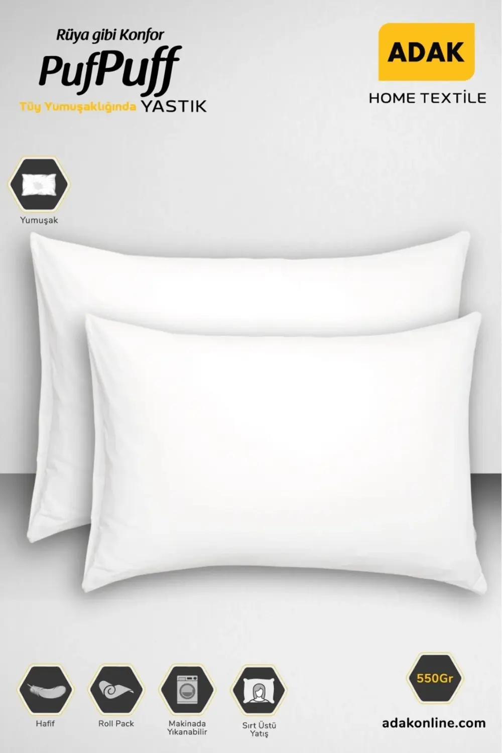 Puf Puff 2li Roll Pack Elyaf Yastık Seti 50x70 Cm 550 gram X 2