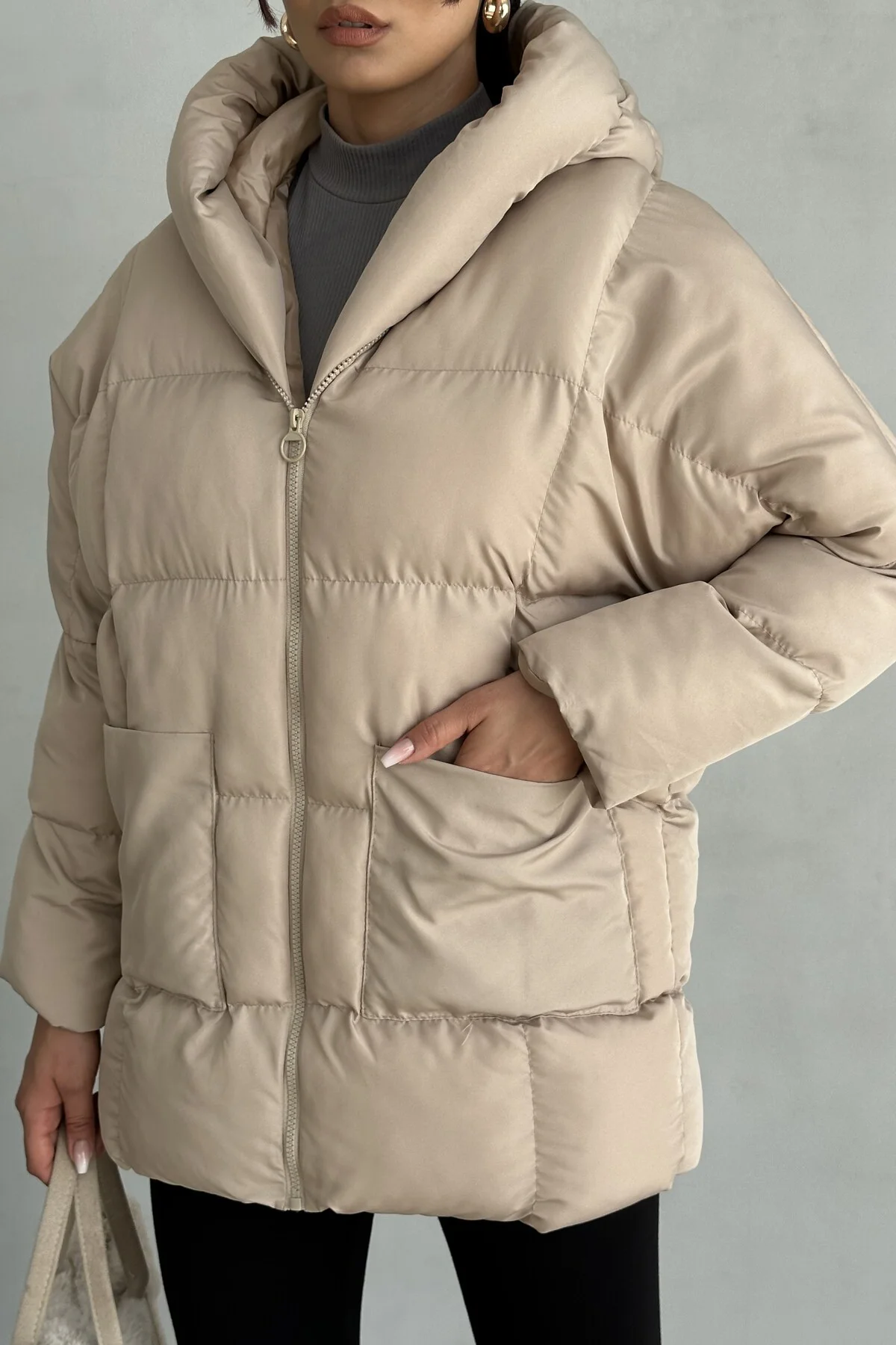 Puffer Yarasa Şişme Bej Oversize Mont